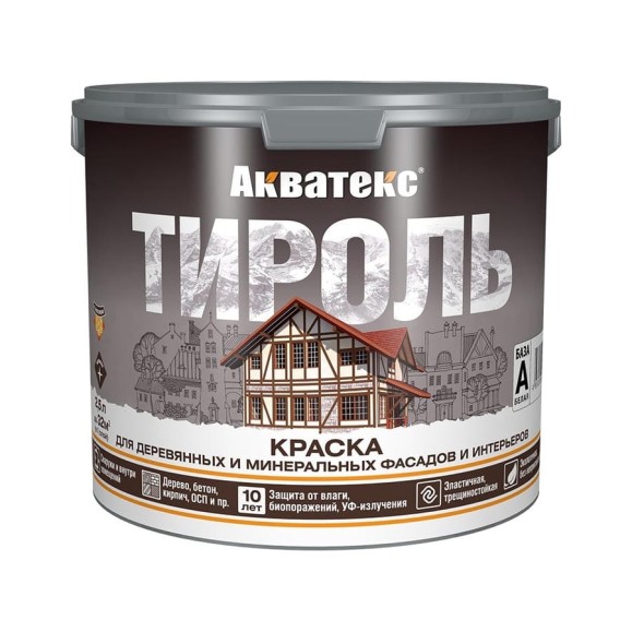 Краска фасадная АКВАТЕКС Тироль, матовая, база А, белая, 2,5 л 278942 Краска фасадная АКВАТЕКС Тироль, матовая, база А, белая, 2,5 л 278942