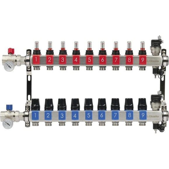 Блоки коллекторные OKSELER с расходомерами и автоматическими воздухоотводчиками, шаровыми кранами с термометрами, 9 выходов Oks00690 Блоки коллекторные OKSELER с расходомерами и автоматическими воздухоотводчиками, шаровыми кранами с термометрами, 9 выходов Oks00690