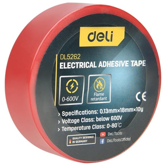 Изолента Deli красная 9м х 18мм х 0,13мм DL5262 (напряжение до 600В, 0-80 грд., ПВХ) 205048
