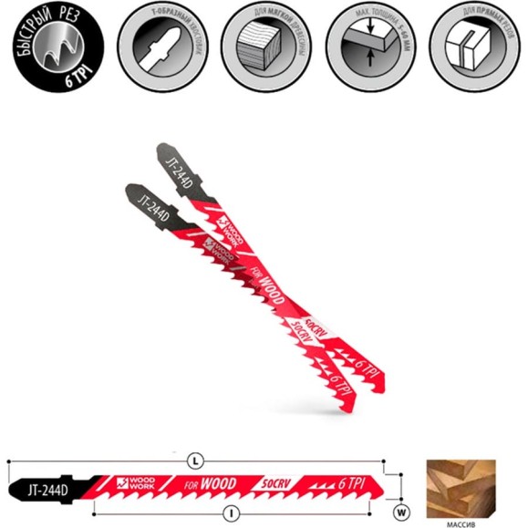 Пилки лобзиковые WOODWORK I=75 W=6 L=100 TP=4 TPI=6 (дерево/быстрый рез) комплект из 5шт JT-244D Пилки лобзиковые WOODWORK I=75 W=6 L=100 TP=4 TPI=6 (дерево/быстрый рез) комплект из 5шт JT-244D