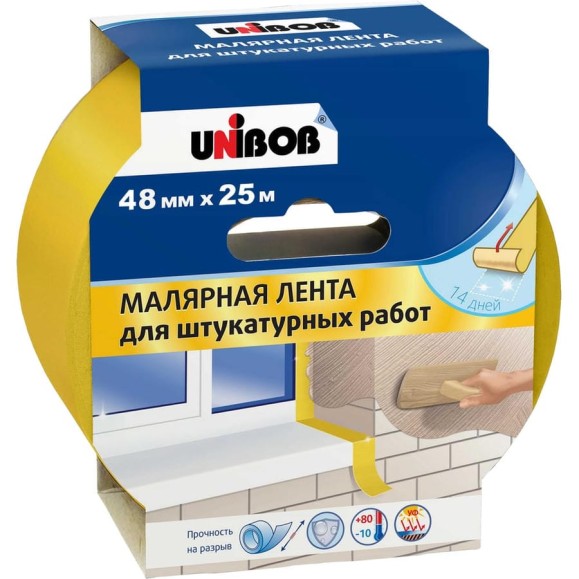 Клейкая лента малярная Unibob для штукатурных работ, 48ммх25м, желтая 90008 Клейкая лента малярная Unibob для штукатурных работ, 48ммх25м, желтая 90008
