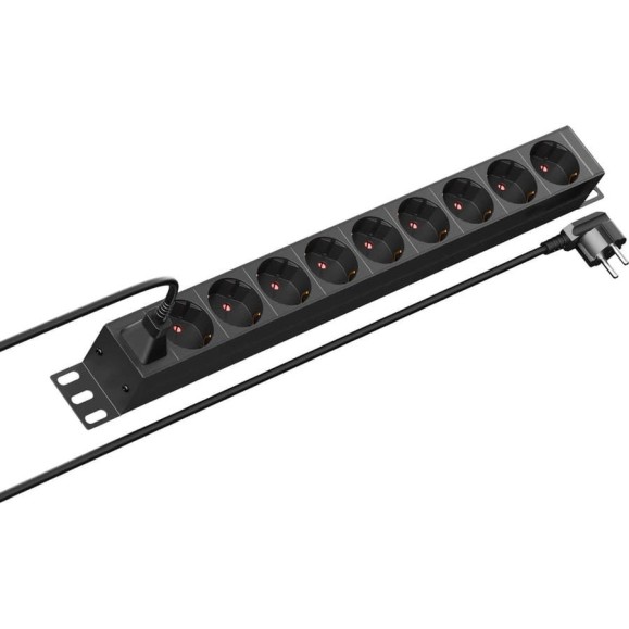 Панель распределения ONTEK PDU Basic  горизонтальная 1U 16A/1ф, без выключателя, Вход - розетка C14, выход - schuko x 9 шт, с кабелем schuko-С13 OBPA1