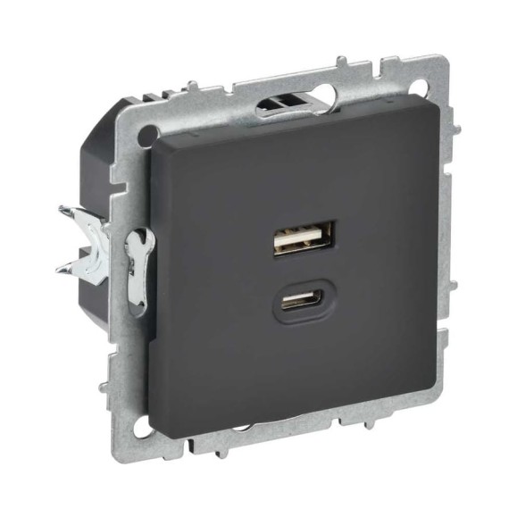 Розетка IEK BRITE USB A+C, 45Вт, высокоскоростная зарядка, графит РЮ11-2-БрГ BR-U22-045-K53 Розетка IEK BRITE USB A+C, 45Вт, высокоскоростная зарядка, графит РЮ11-2-БрГ BR-U22-045-K53