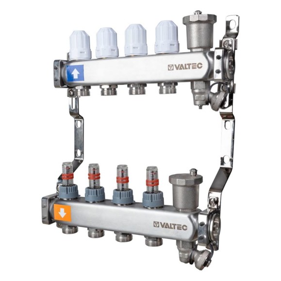 Коллекторный блок Valtec из нержавеющей стали с регулирующими клапанами и асходомерами 1x5 выходов Евроконус 3/4 VTc.579.EMNX.0605 Коллекторный блок Valtec из нержавеющей стали с регулирующими клапанами и асходомерами 1x5 выходов Евроконус 3/4 VTc.579.EMNX.0605