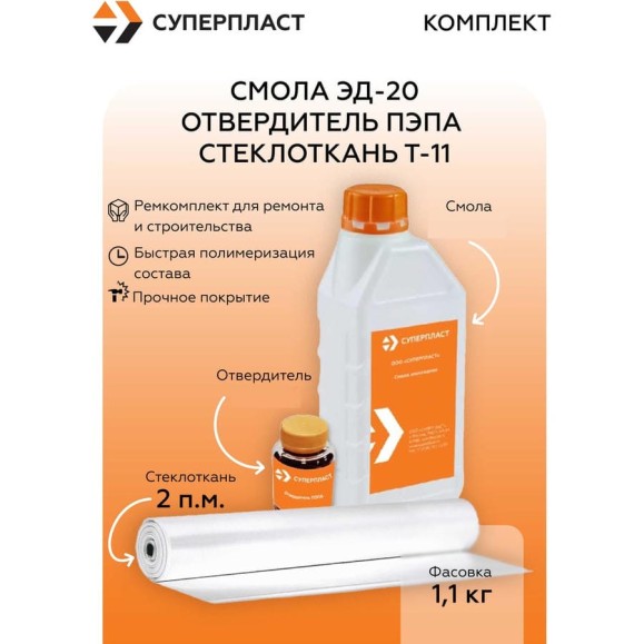 Смола Суперпласт ЭД-20 + отвердитель ПЭПА + стеклоткань Т-11 (1,1 кг+2 п.м.) 4687207073530 Смола Суперпласт ЭД-20 + отвердитель ПЭПА + стеклоткань Т-11 (1,1 кг+2 п.м.) 4687207073530