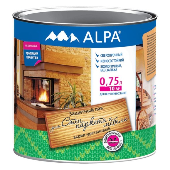 Лак акрил-уретановый для стен, паркета и мебели ALPA матовый 0,75л (0,8 кг) 3488570030172 Лак акрил-уретановый для стен, паркета и мебели ALPA матовый 0,75л (0,8 кг) 3488570030172