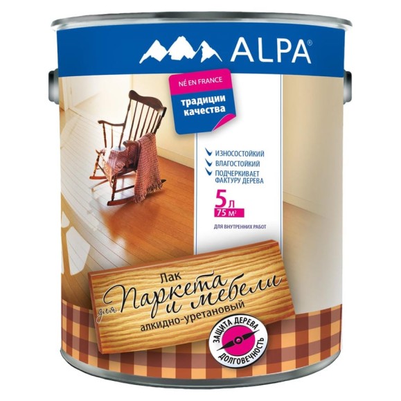 Лак для паркета и мебели ALPA Альпа глянцевый, 5л (4,6 кг) 3488570030080 Лак для паркета и мебели ALPA Альпа глянцевый, 5л (4,6 кг) 3488570030080