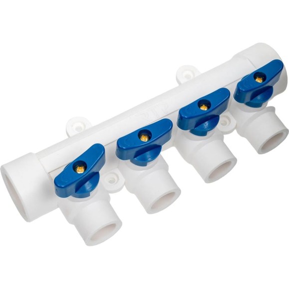 Коллектор с шаровым краном RTP синий PPR 32x20/4 белый 28204