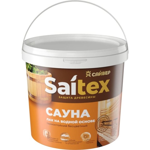 Лак защитно-декоративный на водной основе Сайвер SAITEX САУНА 1л 4690681002668 Лак защитно-декоративный на водной основе Сайвер SAITEX САУНА 1л 4690681002668