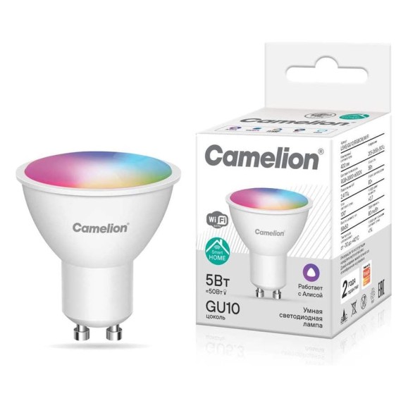 Лампа светодиод. 5Вт GU10 RGB+DIM+CW 220В WiFi Smart Home LSH5/GU10/RGBСW/WIFI Camelion 15948 Лампа светодиод. 5Вт GU10 RGB+DIM+CW 220В WiFi Smart Home LSH5/GU10/RGBСW/WIFI Camelion 15948