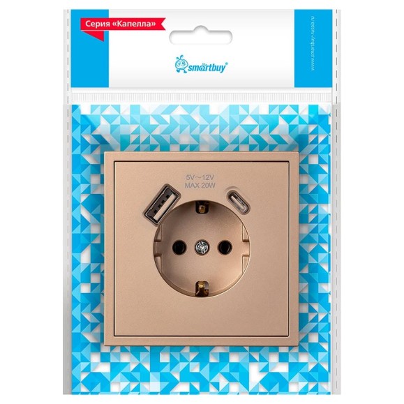 Розетка 1-местная Smartbuy с заземлением USB+Type 16А шампань Капелла SBE-09c-16-S1-USB