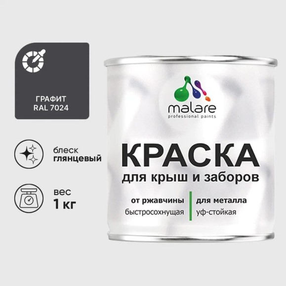 Краска по металлу MALARE для крыш и заборов, по ржавчине, быстросохнущая, износостойкая, глянцевая, графитово-серый (темный), 1 кг КМЗ7024Г0100