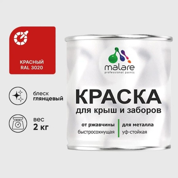 Краска по металлу MALARE для крыш и заборов, по ржавчине, быстросохнущая, износостойкая, глянцевая, красный, 2 кг КМЗ3020Г0200 Краска по металлу MALARE для крыш и заборов, по ржавчине, быстросохнущая, износостойкая, глянцевая, красный, 2 кг КМЗ3020Г0200