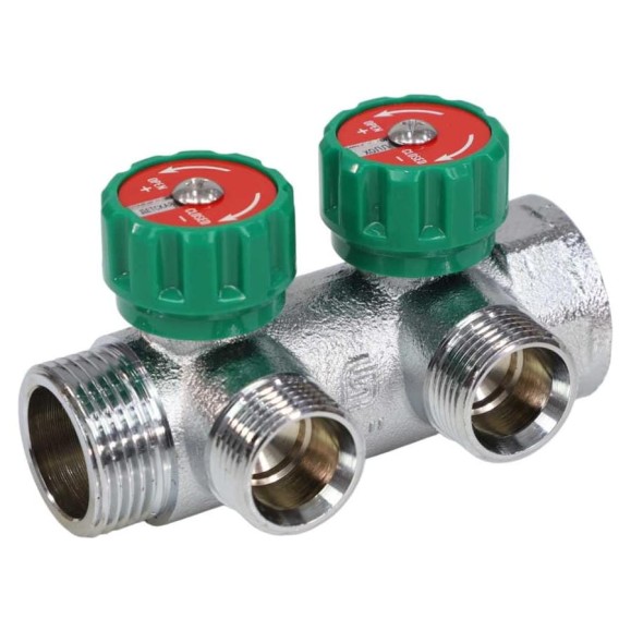 Коллектор с регулирующими клапанами SantechSystems 1", 2в 3/4" ЕК н/р, межосевое расстояние между выходами 45мм 129-8679