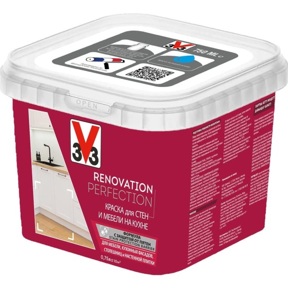 Краска для стен и мебели на кухне V33 RENOVATION PERFECTION белый 750 мл 200001 Краска для стен и мебели на кухне V33 RENOVATION PERFECTION белый 750 мл 200001