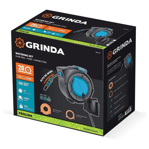 Катушка автоматическая для шлангов Grinda HRA-30, шланг 30м x 1/2, на поворотном кронштейне настенная, поливочный набор 4 предмета ProLine 428471 Катушка автоматическая для шлангов Grinda HRA-30, шланг 30м x 1/2, на поворотном кронштейне настенная, поливочный набор 4 предмета ProLine 428471