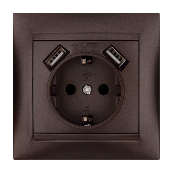 Розетка 2П+З 16А 250В + 2 USB порта 2,1А 5В TDM ELECTRIC шоколад, серия "Лама" SQ1815-0542