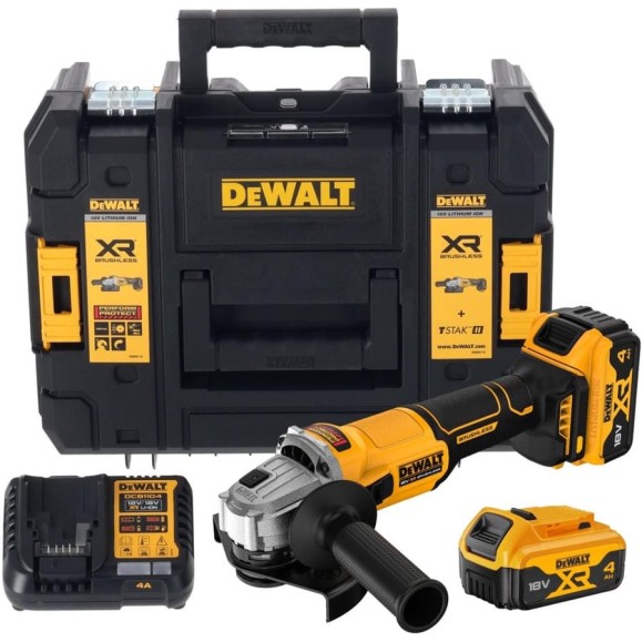 Аккумуляторная угловая шлифмашина DEWALT DCG407M2T, 18В, 125мм, 9000об/мин, с 2 АКБ 4 Ач и ЗУ, в кейсе TSTAK DCG407M2T-QW Аккумуляторная угловая шлифмашина DEWALT DCG407M2T, 18В, 125мм, 9000об/мин, с 2 АКБ 4 Ач и ЗУ, в кейсе TSTAK DCG407M2T-QW