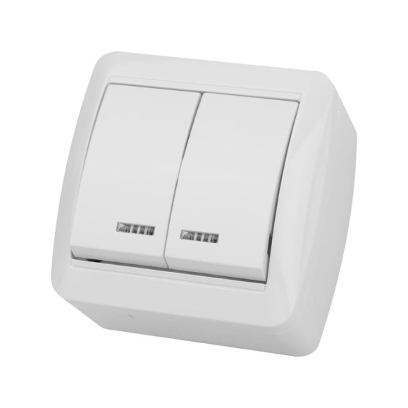 Выключатель с подсветкой накладной двухклавишный, белый IP44 TDM ELECTRIC 10А, серия "Селигер" SQ1818-0004 Выключатель с подсветкой накладной двухклавишный, белый IP44 TDM ELECTRIC 10А, серия "Селигер" SQ1818-0004