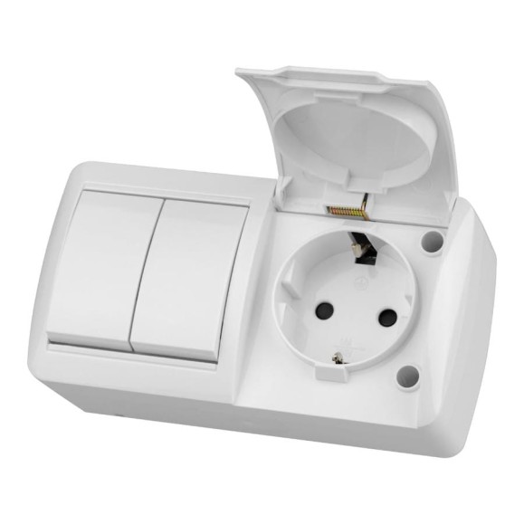 Блок TDM ELECTRIC выключатель 2-клавишный. 10А + розетка 2П+З 16А с защитными шторками, с крышкой, упаковка 5 штук, IP54 белый "Селигер" SQ1818-0022