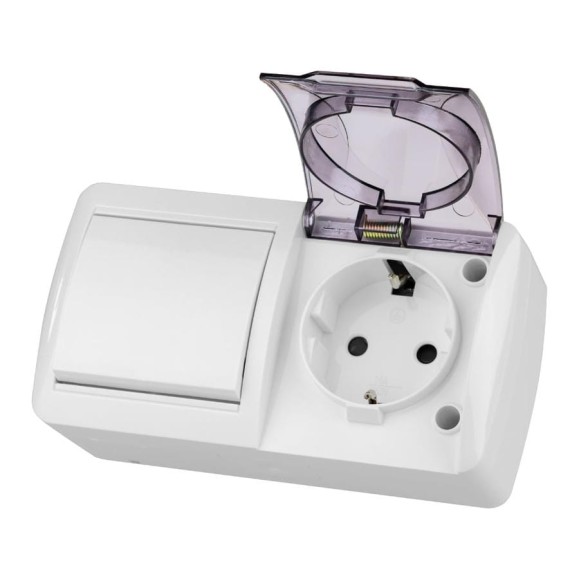 Блок TDM ELECTRIC выключатель 1-клавишный 10А + розетка 2П+З 16А с защитными шторками, с прозрачной крышкой, упаковка 5 штук, IP54 белый "Селигер" SQ1818-0021