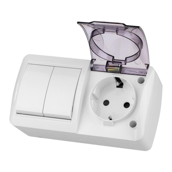 Блок TDM ELECTRIC выключатель 2-клавишный 10А + розетка 2П+З 16А с защитными шторками, с прозрачной крышкой, упаковка 5 штук, IP54 белый "Селигер" SQ1818-0023