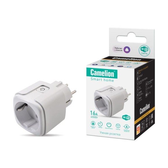 Розетка одинарная квадратная Camelion Smart Home BNS/SH-3/16A/WIFI 16A 4000Вт, WiFi+Счетчик+Контроль 15905