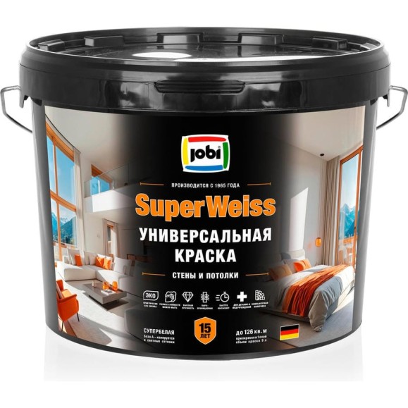 Краска интерьерная высокоукрывистая супербелая SuperWeiss 9л JOBI 36388 Краска интерьерная высокоукрывистая супербелая SuperWeiss 9л JOBI 36388