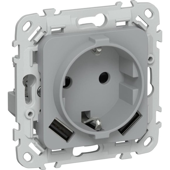 Розетка IEK FLITE с заземляющим контактом и шторками, 16А USB AA 3,1А б/к РСЮша11-1-ФлС серый FI-R14-16-1-U21-D31-K03