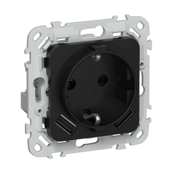 Розетка IEK FLITE с заземляющим контактом и шторками, 16А USB AA 3,1А б/к РСЮша11-1-ФлЧ черный FI-R14-16-1-U21-D31-K02