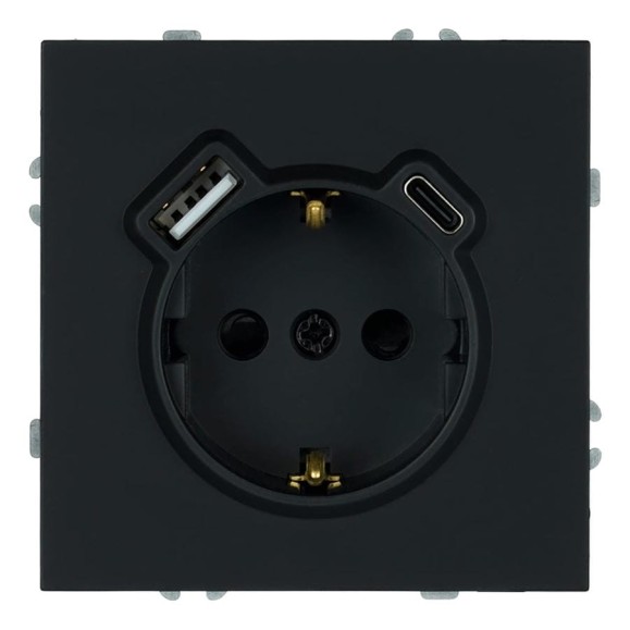 Розетка 1-местная STEKKER з/ш с/з 16А + USB + Type C (механизм),, 250В, 20W, серия Эмили, черный уголь, soft-touch, RST16-5119-05 50218