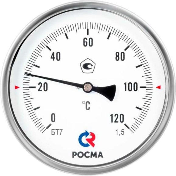 Термометр биметаллический РОСМА БТ-71.211 осевой (0-120 °С), резьба 1.5, длина 100 мм, с латунной гильзой D070-02119 Термометр биметаллический РОСМА БТ-71.211 осевой (0-120 °С), резьба 1.5, длина 100 мм, с латунной гильзой D070-02119