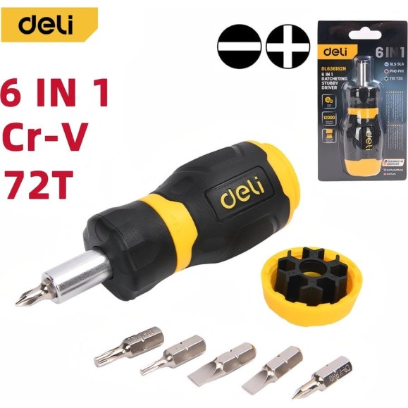 Отвертка с трещоткой с набором бит 6-в-1 DELI DL636182N Cr-V сталь, биты SL5,SL6,PH0,PH1,T10,T20, трещотка 72 зуба 225426 Отвертка с трещоткой с набором бит 6-в-1 DELI DL636182N Cr-V сталь, биты SL5,SL6,PH0,PH1,T10,T20, трещотка 72 зуба 225426