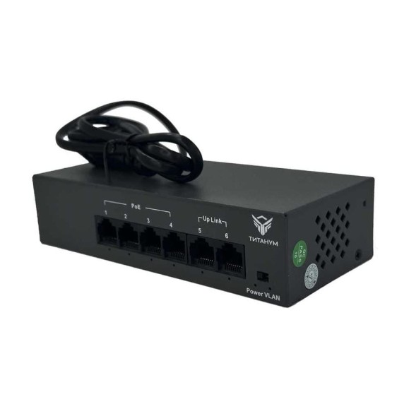 Коммутатор неуправляемый ТИТАНУМ TM042-02, 4 RJ45 10/100 Мбит/с PoE+2 Uplink 10/100 Мбит/с (55 Вт), ЭТ-00000010 Коммутатор неуправляемый ТИТАНУМ TM042-02, 4 RJ45 10/100 Мбит/с PoE+2 Uplink 10/100 Мбит/с (55 Вт), ЭТ-00000010