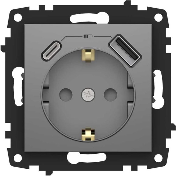 Розетка Type C+USB ELBI Zena Vega дымчатый, с заземление, зарядка, 5V, 2400 mA 609-011100-334