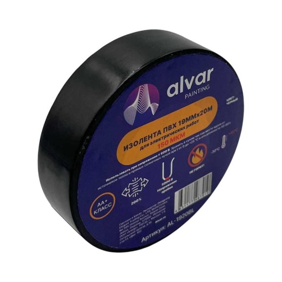 Изолента Alvar ПВХ 19мм, 20м, чёрная (комплект из 10 штук) AL-1920BL_10 Изолента Alvar ПВХ 19мм, 20м, чёрная (комплект из 10 штук) AL-1920BL_10