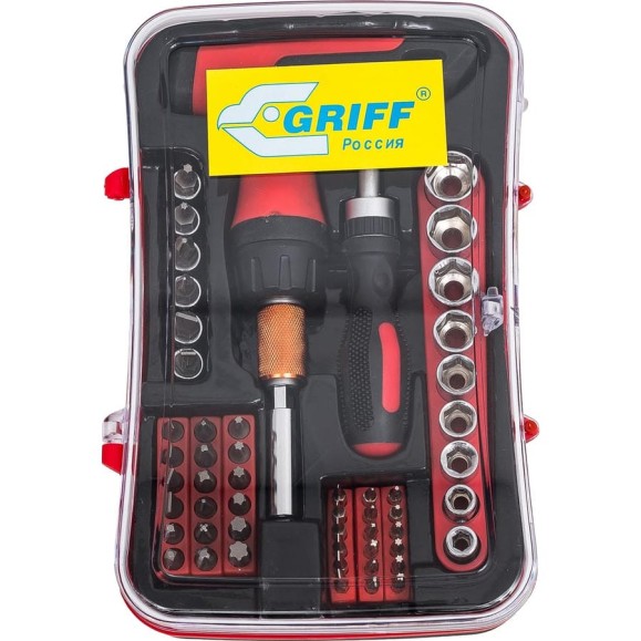Реверсивная отвертка GRIFF 53 предмета, торцевые головки, биты, вставки 031286 Реверсивная отвертка GRIFF 53 предмета, торцевые головки, биты, вставки 031286