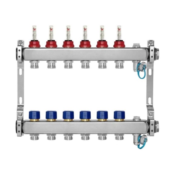 Коллекторная группа BYR PEX из нержавеющей стали, 1-Т6-3/4ЕК L=50 с расходомерами, термостатическими клапанами 2425-06 Коллекторная группа BYR PEX из нержавеющей стали, 1-Т6-3/4ЕК L=50 с расходомерами, термостатическими клапанами 2425-06