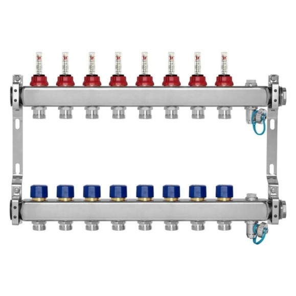 Коллекторная группа BYR PEX из нержавеющей стали, 1-Т8-3/4ЕК L=50 с расходомерами, термостатическими клапанами 2425-08