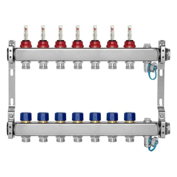 Коллекторная группа BYR PEX из нержавеющей стали, 1-Т7-3/4ЕК L=50 с расходомерами, термостатическими клапанами 2425-07 Коллекторная группа BYR PEX из нержавеющей стали, 1-Т7-3/4ЕК L=50 с расходомерами, термостатическими клапанами 2425-07