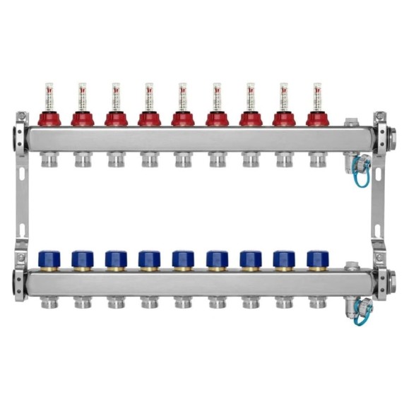 Коллекторная группа BYR PEX из нержавеющей стали, 1-Т9-3/4ЕК L=50 с расходомерами, термостатическими клапанами 2425-09 Коллекторная группа BYR PEX из нержавеющей стали, 1-Т9-3/4ЕК L=50 с расходомерами, термостатическими клапанами 2425-09