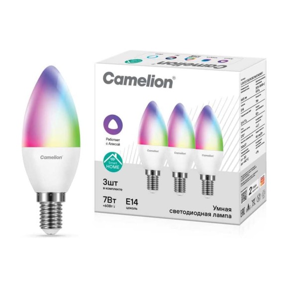 Набор ламп CAMELION Camelion Smart Home LSH7/C35/RGBСW/Е14/WIFI ( 7Вт Е14 RGB+DIM+CW 220В WiFi 3 шт.) 15847 Набор ламп CAMELION Camelion Smart Home LSH7/C35/RGBСW/Е14/WIFI ( 7Вт Е14 RGB+DIM+CW 220В WiFi 3 шт.) 15847