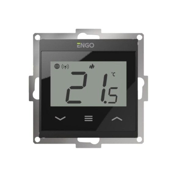Терморегулятор ENGO controls, проводной, встраиваемый, программируемый, с возможностью подключения выносного датчика, с возможностью подключения к WI-FI, в рамку 55 х 55, черный E55-B Терморегулятор ENGO controls, проводной, встраиваемый, программируемый, с возможностью подключения выносного датчика, с возможностью подключения к WI-FI, в рамку 55 х 55, черный E55-B