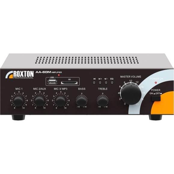 Усилитель-микшер Roxton AA-60M 60 Вт, 100/70В и 4-8 Ом, MP3/USB/SD, 3 микр/2 линейных входа, 220В 00-00012857 Усилитель-микшер Roxton AA-60M 60 Вт, 100/70В и 4-8 Ом, MP3/USB/SD, 3 микр/2 линейных входа, 220В 00-00012857