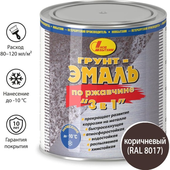 Грунт-эмаль по ржавчине Новбытхим 3 в 1, коричневая, RAL 8017 2,7 л 3380 Грунт-эмаль по ржавчине Новбытхим 3 в 1, коричневая, RAL 8017 2,7 л 3380