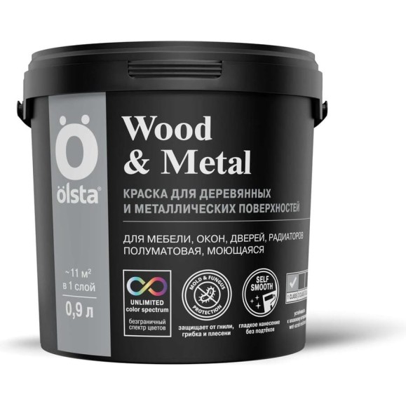 Краска по дереву и металлу OLSTA Wood&metal полуматовая БАЗА A 0.9 л OWMAM-09 Краска по дереву и металлу OLSTA Wood&metal полуматовая БАЗА A 0.9 л OWMAM-09