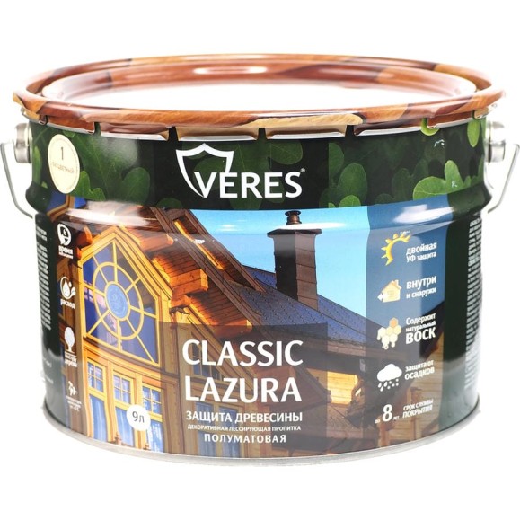 Пропитка Veres Classic Lazura №1 бесцветный 9 л 1 205681 Пропитка Veres Classic Lazura №1 бесцветный 9 л 1 205681