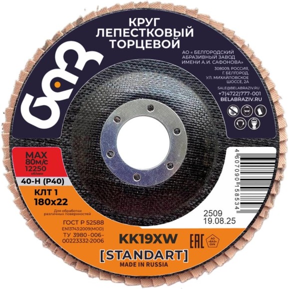 Круг лепестковый торцевой KK19XW КЛТ1 (180х22 мм; P40) БАЗ 960000026099 Круг лепестковый торцевой KK19XW КЛТ1 (180х22 мм; P40) БАЗ 960000026099