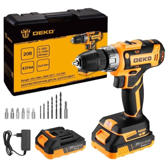 Аккумуляторная дрель-шуруповерт DEKO Banger 20V ONE+ 13 предметов в кейсе, 2x3.0Ач 083-1109 Аккумуляторная дрель-шуруповерт DEKO Banger 20V ONE+ 13 предметов в кейсе, 2x3.0Ач 083-1109