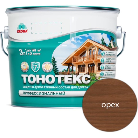 Защитно-декоративный состав для дерева KRONA Тонотекс (орех; 3 л) 66339508 Защитно-декоративный состав для дерева KRONA Тонотекс (орех; 3 л) 66339508